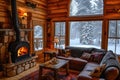 A warm and inviting living room filled with a variety of furniture and a beautiful fireplace, A cozy, rustic log cabin with a Royalty Free Stock Photo