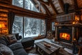 A warm and inviting living room with various furniture pieces and a crackling fireplace, A cozy, rustic log cabin with a roaring