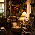 warm and inviting reading nook with piles of books, comfy chairs, and soft lighting.