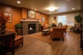 warm and inviting reception area with wood floors, a fireplace, and comfortable seating