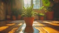 Sunlit indoor potted plant casting long shadows on a wooden floor in a bright room