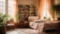 Small cozy room with delicate bright interior contains single bed and a lot of indoor plants