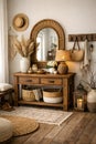 Boho entryway with rattan mirror and wooden console table Royalty Free Stock Photo