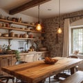 Rustic Kitchen and Dining Area with Wooden Table and Stone Wall Royalty Free Stock Photo