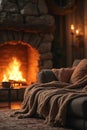 Cozy Living Room Interior with Warm Fireplace and Soft Knit Blanket AI-GENERATED Royalty Free Stock Photo