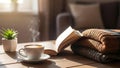 Cozy Morning: Coffee, Book, and Warm Sweaters Royalty Free Stock Photo