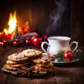 Cozy Winter Evening: Tea and Christmas Cookies by the Fireplace Royalty Free Stock Photo