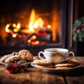 Cozy Christmas Evening: Tea, Cookies, and Fireplace Ambiance Royalty Free Stock Photo