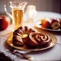 Rosh Hashanah Family Dinner with Sweet Challah, Apples, Honey, and Shofar Horns Royalty Free Stock Photo