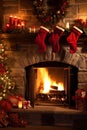 A warm and inviting scene featuring a fireplace with stockings hung by the chimney