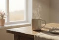Steaming Mug on Rustic Wooden Table by Sunny Window Royalty Free Stock Photo
