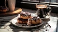 Delicious still life tempting donuts and a steaming cup of coffee