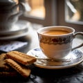 Freshly Brewed Coffee with Biscotti on Saucer