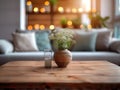 A beautiful wooden vase with a flower bouquet sits on a wooden table in a cozy living room