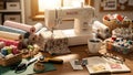 Creative Sewing Workspace with Machine, Fabrics, and Craft Supplies Royalty Free Stock Photo