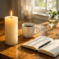 Cozy Morning Scene with Lit Candle, Steaming Coffee, and Open Journal on Wooden Table AI-GENERATED Royalty Free Stock Photo