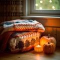 Cozy Fall Blanket and Pumpkins on Wooden Background