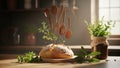 Rustic Kitchen Still Life with Fresh Bread, Herbs, and Wooden Utensils Royalty Free Stock Photo