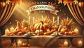 Thanksgiving Day with a Warm, Inviting Theme with Beautiful Harvest Table Set with Pumpkins and Cornucopia Royalty Free Stock Photo