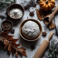 Rustic Autumn Baking: Dough, Spices & Tools Flat Lay Royalty Free Stock Photo