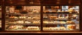 A warm, inviting window display of a traditional bakery, showcasing an array of bread and sweet treats, beckoning