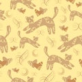 Warm ivory surface handdrawn pattern seamless with cats, hearts,decorative elements. Soft color palette romantic design.