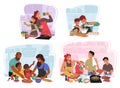 In A Warm Kitchen Parents And Kids Characters Collaborate Joyfully, Mixing, Stirring, And Bonding Over Delicious Recipes