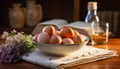 Warm kitchen scene with eggs in a white bowl, an open book, and a jar of honey