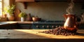 Warm kitchen sunlight illuminates roasted coffee beans and a copper pitcher on a rustic wooden table. Generative AI Royalty Free Stock Photo