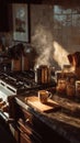 Warm Kitchen Sunlight Illuminates Steaming Pot and Cup Royalty Free Stock Photo
