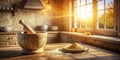Warm kitchen sunlight illuminates wooden mortar and pestle with aromatic spice powder on rustic table. Generative AI Royalty Free Stock Photo