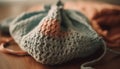 Warm knit hat brings cozy comfort in rustic home interior generated by AI