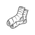 Warm knitted cozy socks hand drawn vector illustration isolated on white background. Engraved sketch vintage drawing made in