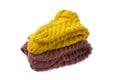 Warm knitted purple yellow female sock closeup. Isolate