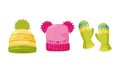 Warm Knitted Winter Hats with Pompon and Mittens Vector Set