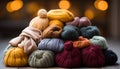 Warm, knitted wool hats in vibrant colors decorate the table generated by AI Royalty Free Stock Photo