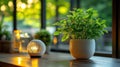 Warm, leafy plant on a wooden ledge Royalty Free Stock Photo