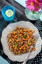 Warm lentil salad with baked pumpkin and mint