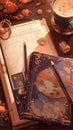 Warm light bathing an elegant desk with maps and a journal Royalty Free Stock Photo