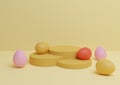 Warm, light, bright, pastel yellow 3D rendering of Easter themed product display podium or stand composition with colorful eggs