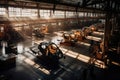 Warm light casting long shadows on a car manufacturing plant floor, emphasizing teamwork and precision Royalty Free Stock Photo