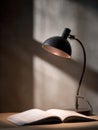 Warm Light From a Desk Lamp Illuminates an Open Textbook, Casting Gentle Shadows in a Cozy Study Area During Evening Royalty Free Stock Photo
