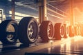 Warm light highlighting the tire installation process on a car manufacturing assembly line