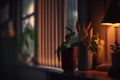 warm light passes through the blinds a dark room Generative AI