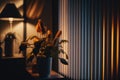 warm light passes through the blinds a dark room Generative AI