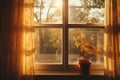 Warm light of the sun in an old window with curtains and a pot on the windowsill. Generated by artificial intelligence Royalty Free Stock Photo