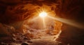Warm lighting creates a dramatic scene as light rays enter the cave Royalty Free Stock Photo