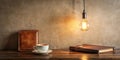 Warm lighting illuminates a cozy workspace featuring a cup of coffee, leather journal, and a leather-bound notebook on a wooden Royalty Free Stock Photo