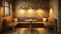 Warm-lit corner booth with wooden table and ambient lighting in a rustic setting. Generative AI Royalty Free Stock Photo