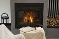 Warm living room with fireplace in contemporary luxury home.